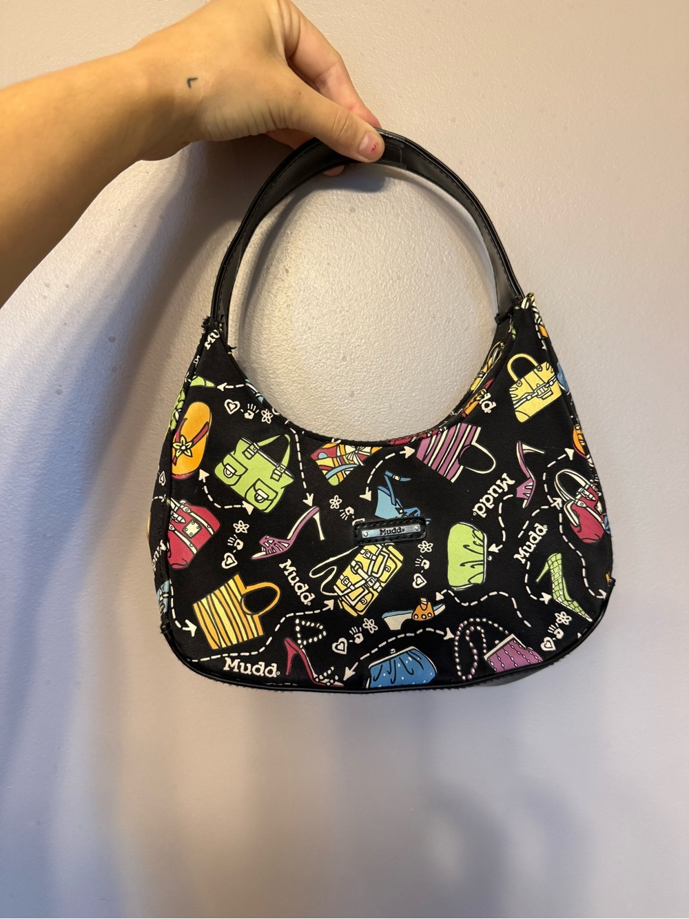 Mudd Black Shoulder Bag with Multicolor Handbag & Shoe Print